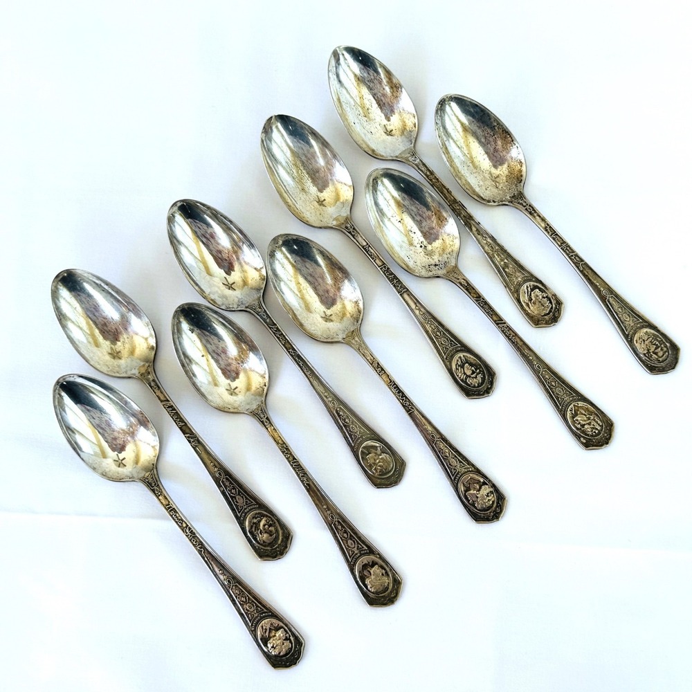Oneida Community Par Plate Lot of 9 Antique Celebrity Souvenir Spoons